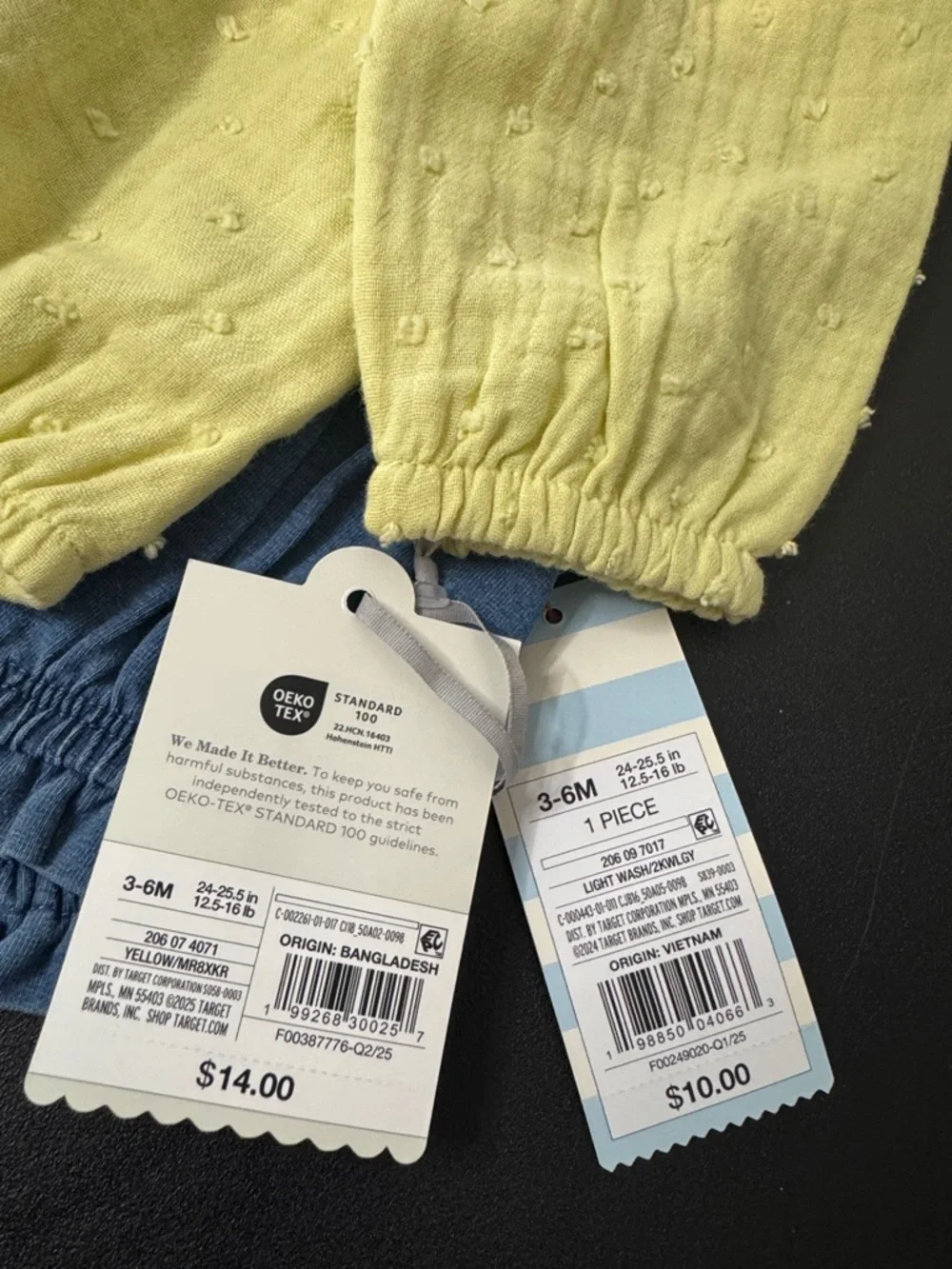 Cloud Island Yellow Bow Romper + Cat & Jack Denim Ruffle Romper 3-6 Months NWT
